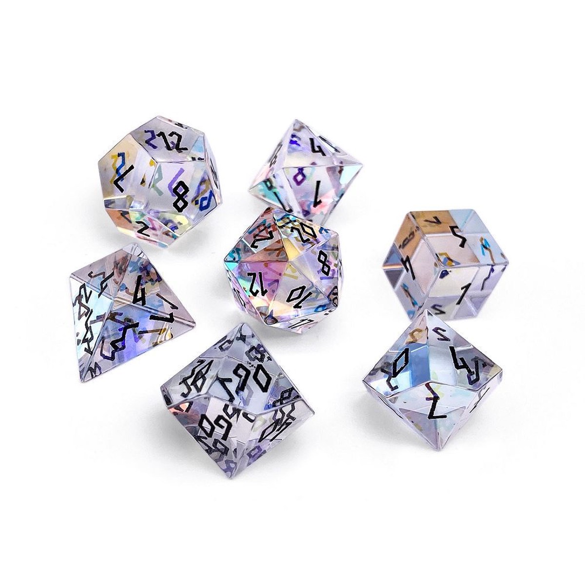 Glass Polyhedral Dice Set K9 Rainbow Glass - Gemstone K9 Rainbow Glass