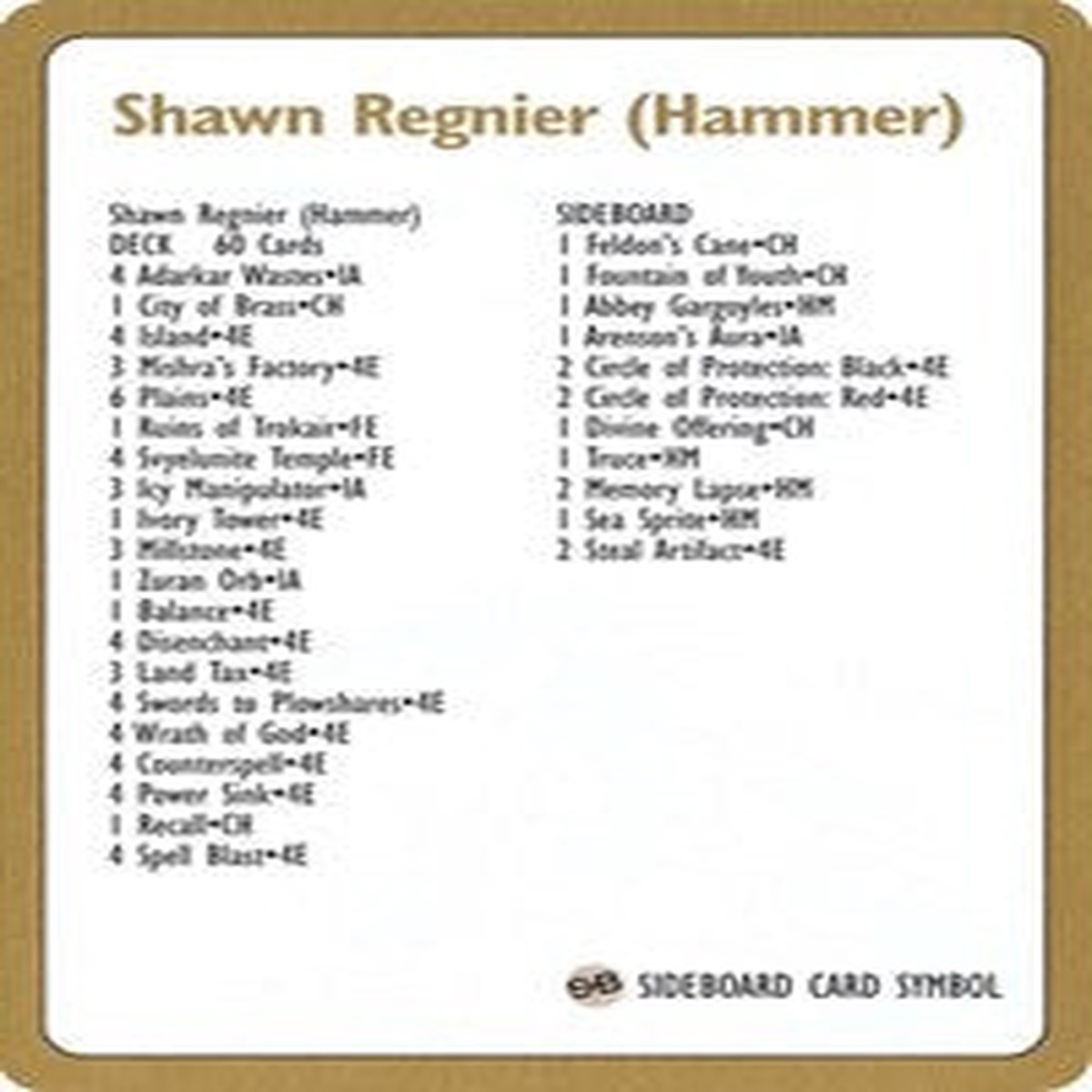 1996 Shawn "Hammer" Regnier Decklist Card [World Championship Decks] - NM