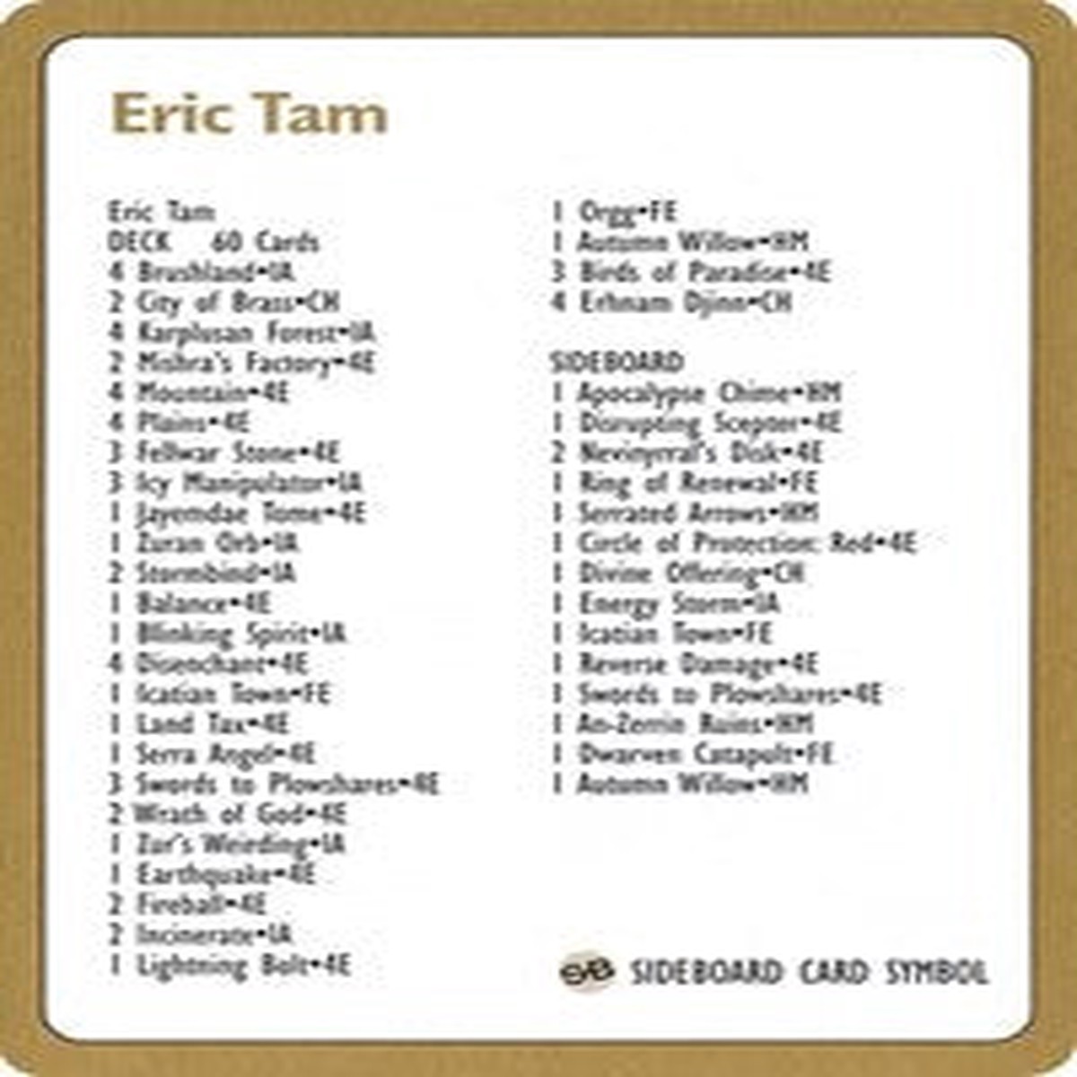 1996 Eric Tam Decklist Card [World Championship Decks] - NM