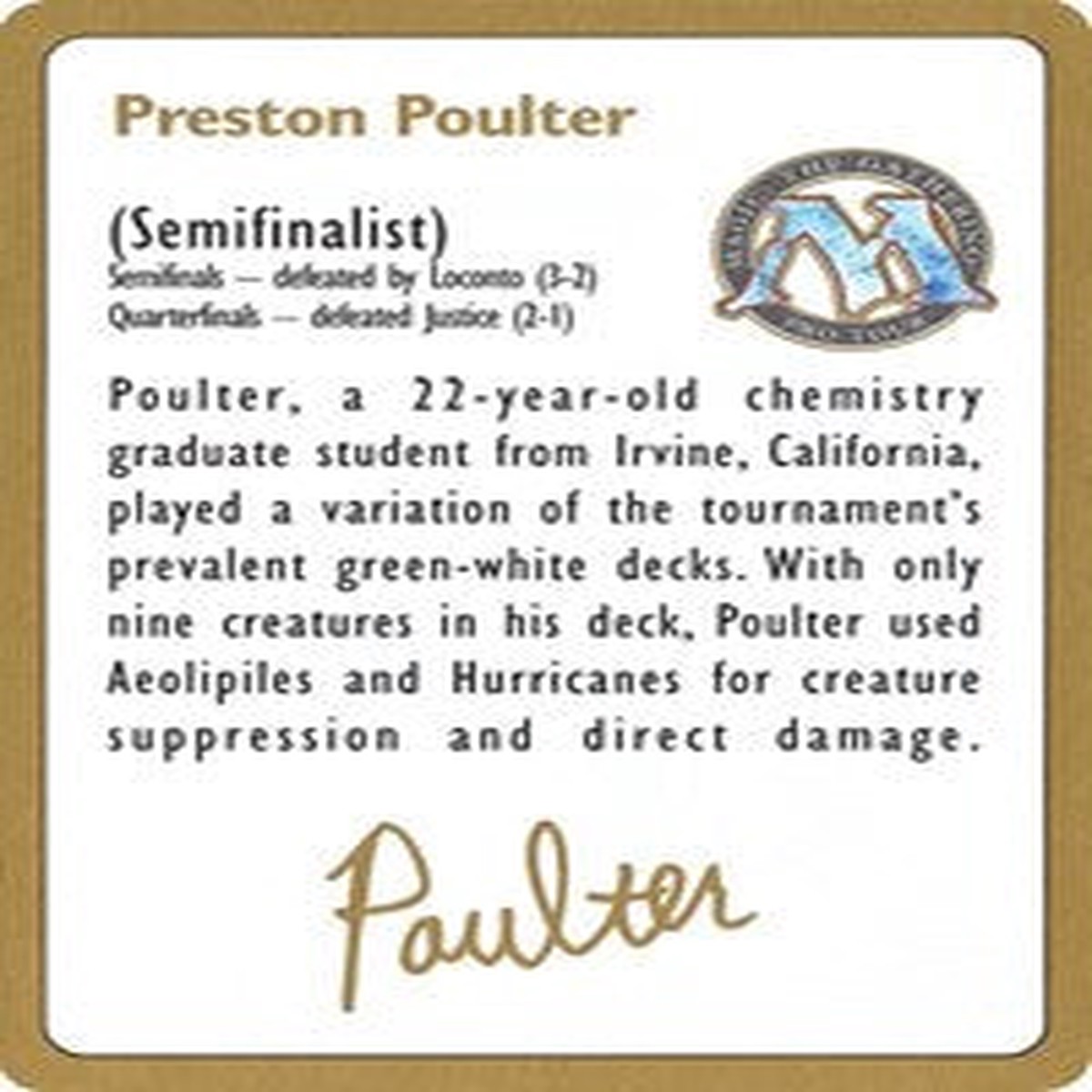 1996 Preston Poulter Biography Card [World Championship Decks] - NM