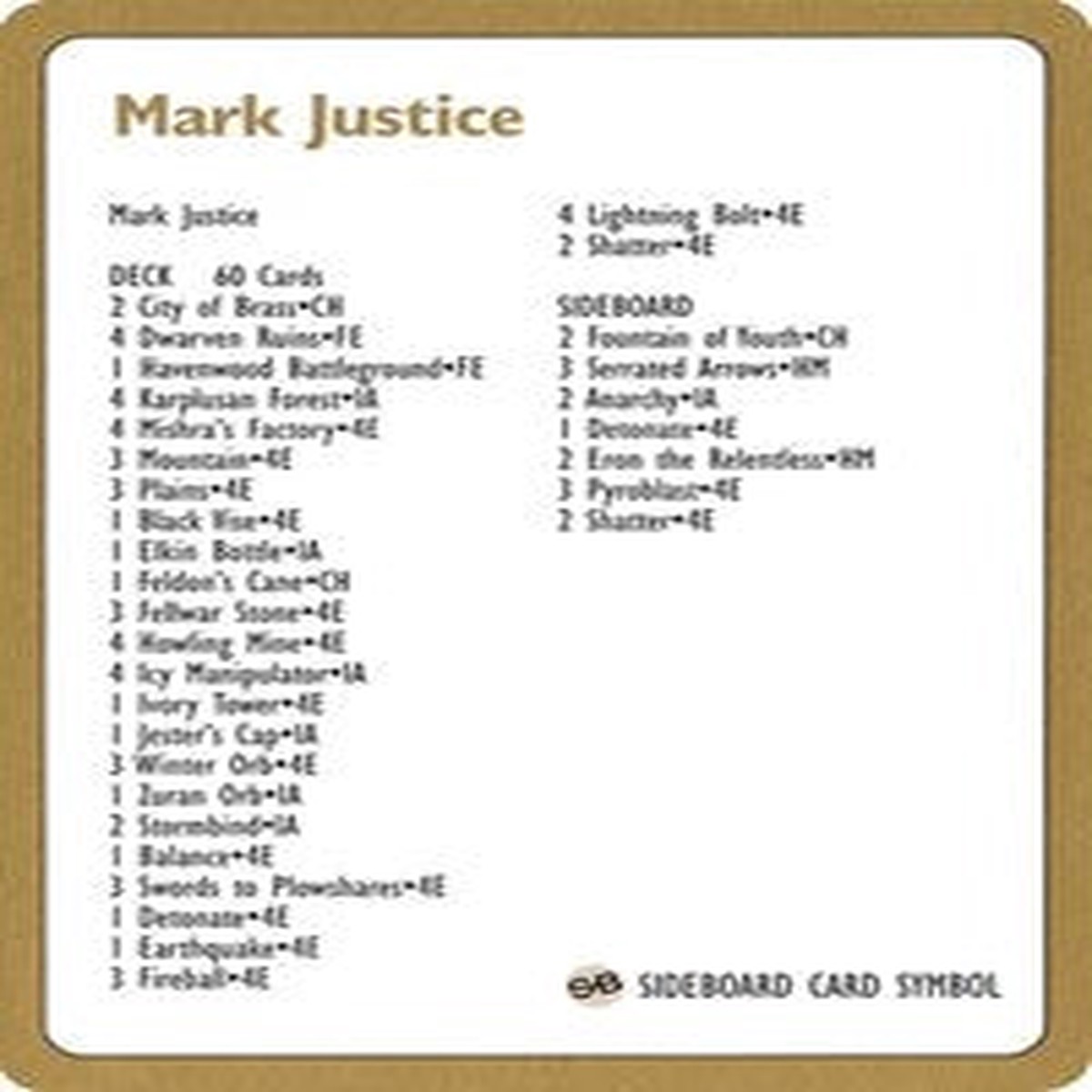 1996 Mark Justice Decklist Card [World Championship Decks] - Near Mint